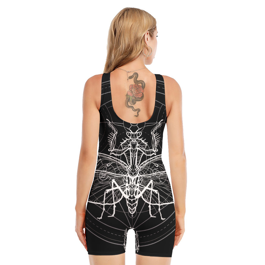 Black And White Mantis Spirit Print Sleeveless One Piece Swimsuit