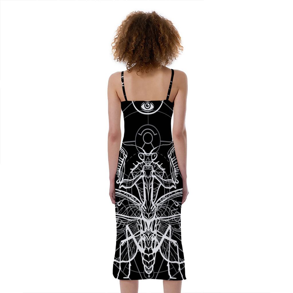 Black And White Mantis Spirit Print Slim Fit Midi Cami Dress