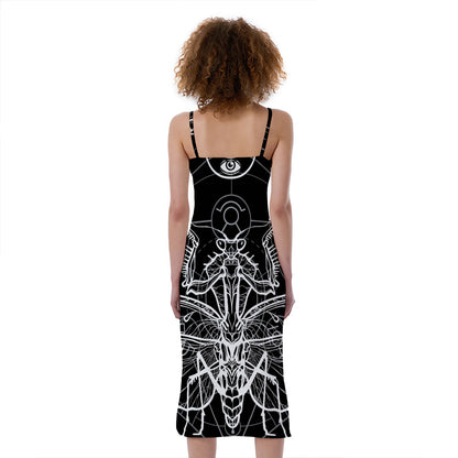 Black And White Mantis Spirit Print Slim Fit Midi Cami Dress