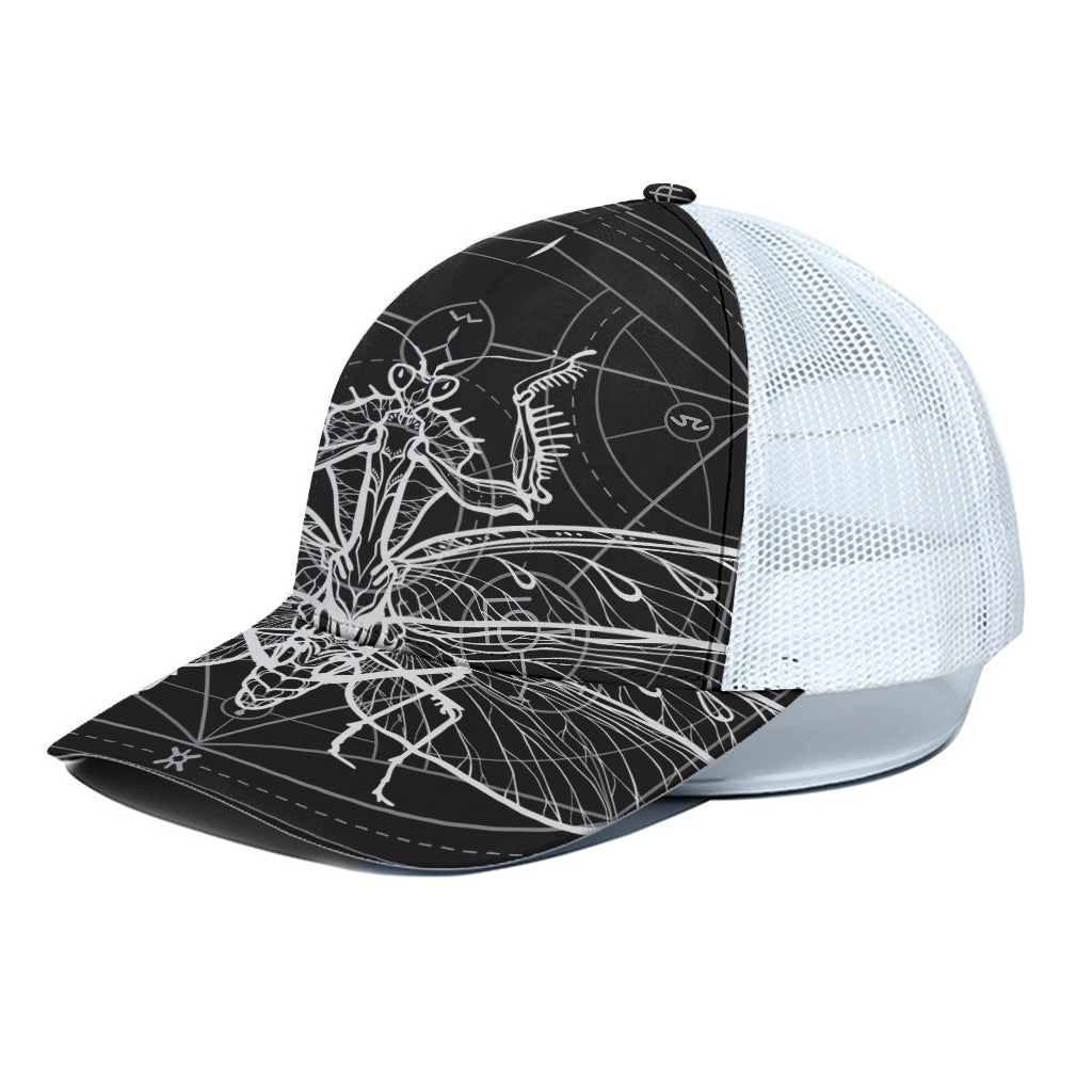 Black And White Mantis Spirit Print White Mesh Trucker Cap
