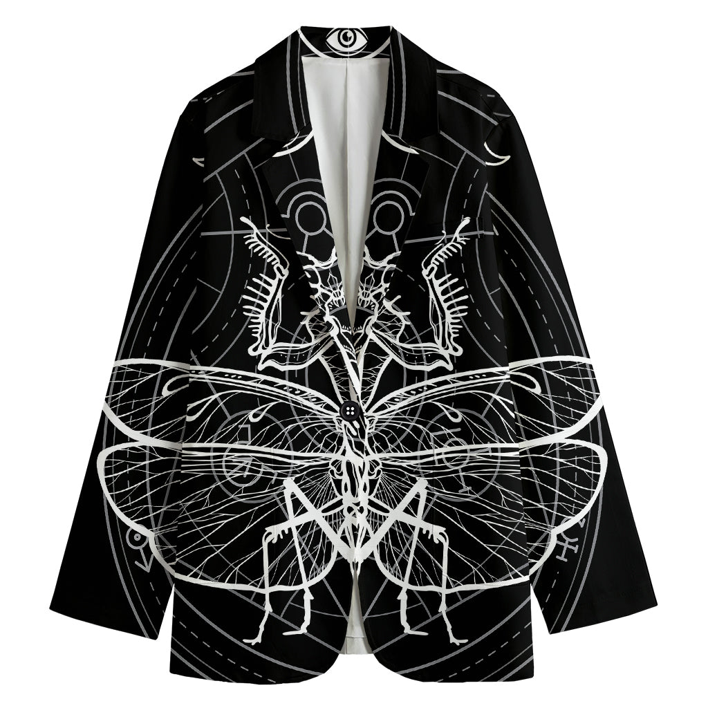 Black And White Mantis Spirit Print Women's Cotton Blazer