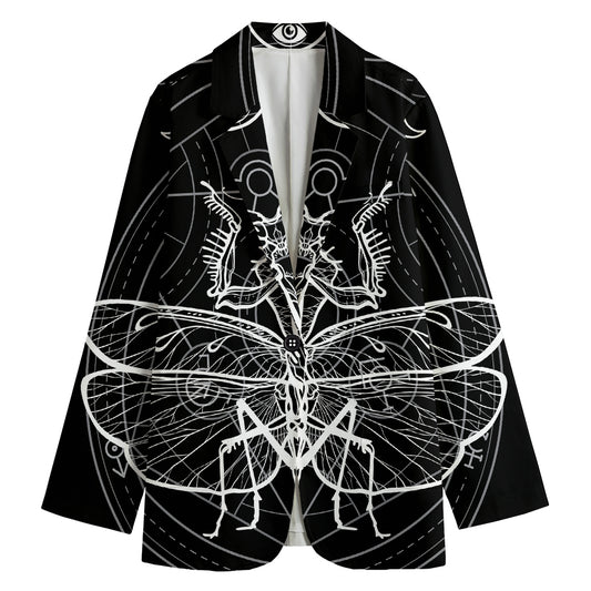 Black And White Mantis Spirit Print Women's Cotton Blazer