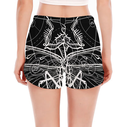 Black And White Mantis Spirit Print Women's Split Running Shorts