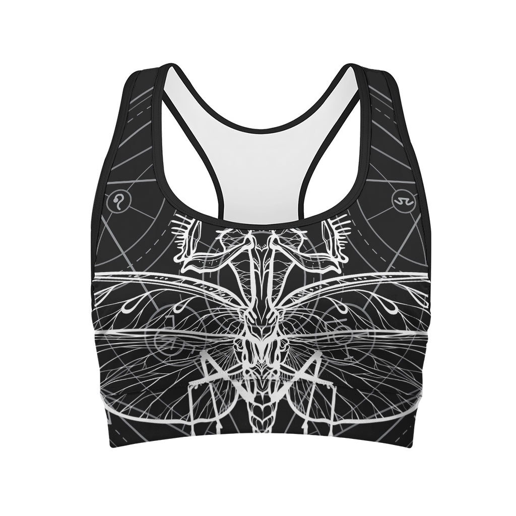 Black And White Mantis Spirit Print Women's Sports Bra