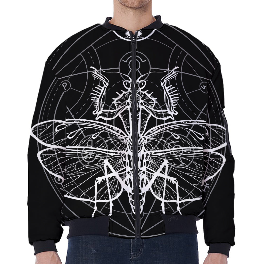 Black And White Mantis Spirit Print Zip Sleeve Bomber Jacket