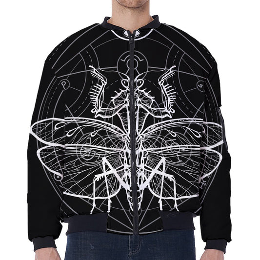 Black And White Mantis Spirit Print Zip Sleeve Bomber Jacket