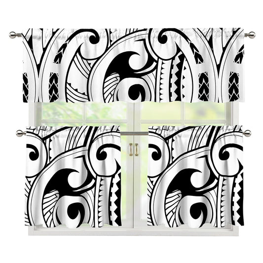 Black And White Maori Pattern Print 3 Piece Kitchen Curtains