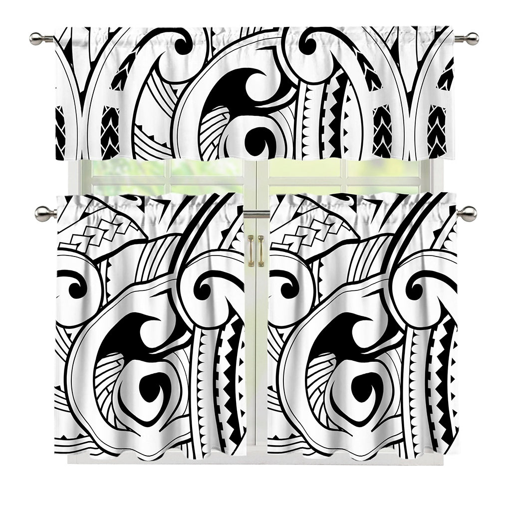 Black And White Maori Pattern Print 3 Piece Kitchen Curtains