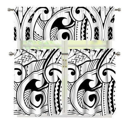 Black And White Maori Pattern Print 3 Piece Kitchen Curtains