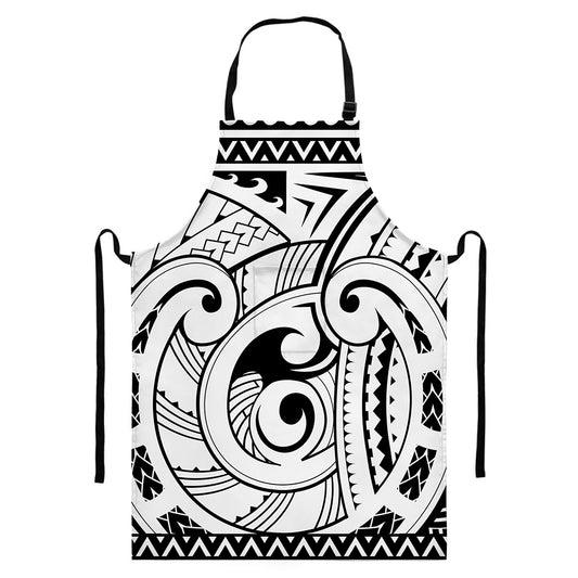 Black And White Maori Pattern Print Bib Apron With Pocket