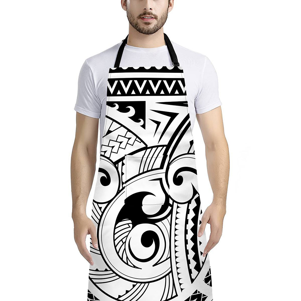 Black And White Maori Pattern Print Bib Apron With Pocket