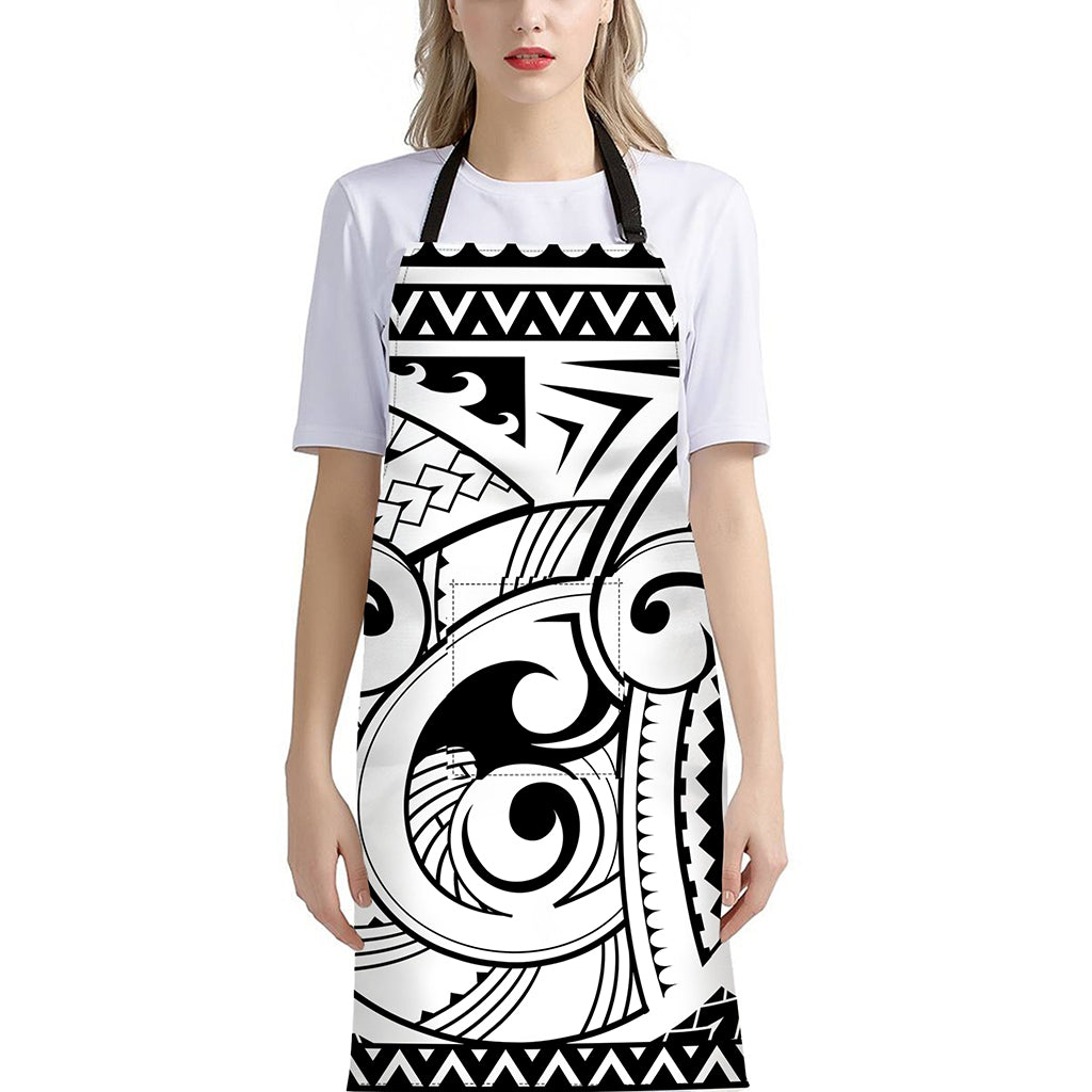 Black And White Maori Pattern Print Bib Apron With Pocket