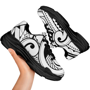 Black And White Maori Pattern Print Black Chunky Shoes