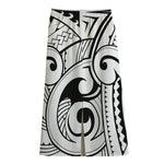 Black And White Maori Pattern Print Cotton Front Slit Maxi Skirt