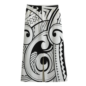 Black And White Maori Pattern Print Cotton Front Slit Maxi Skirt