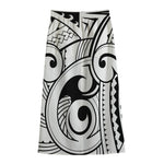 Black And White Maori Pattern Print Cotton Front Slit Maxi Skirt