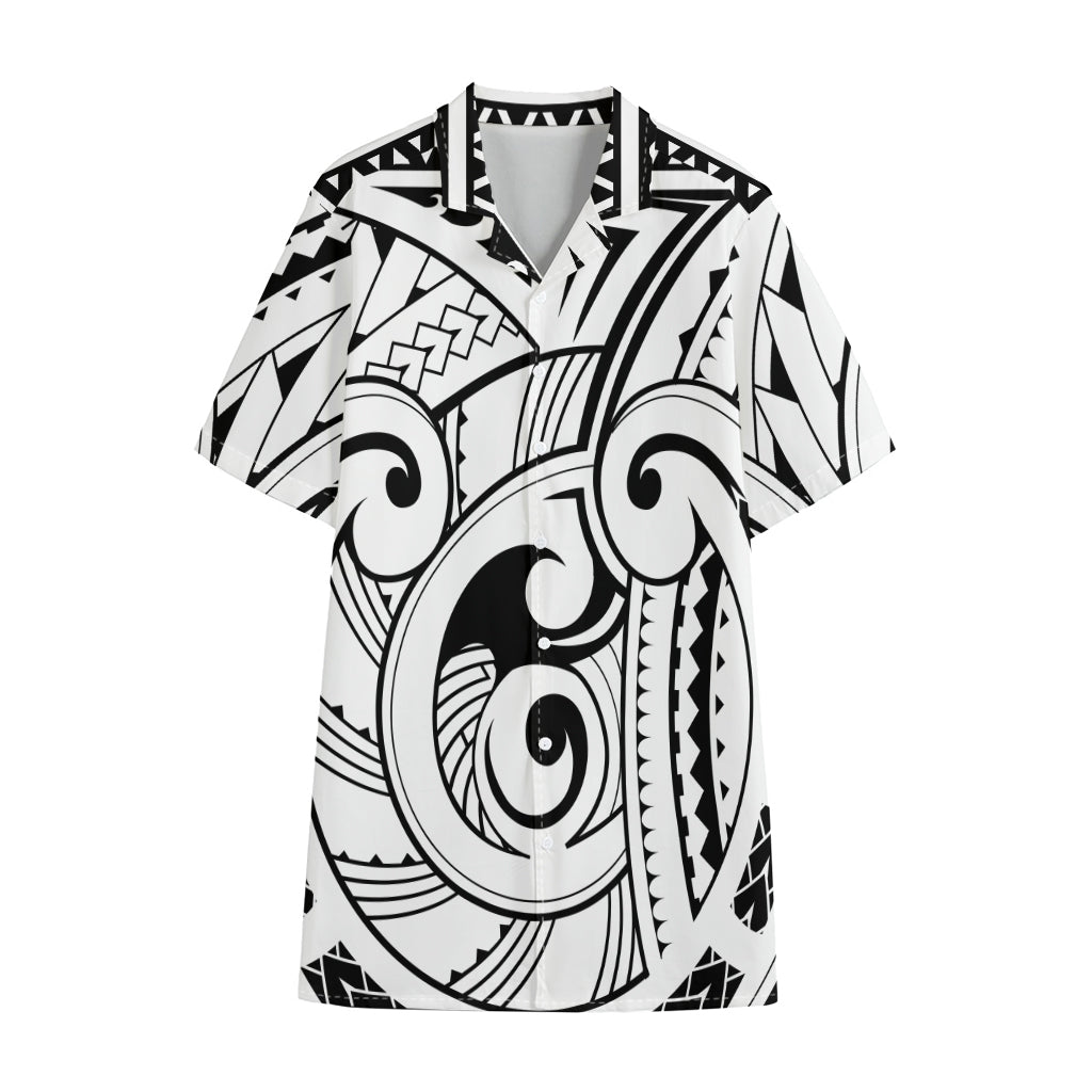 Black And White Maori Pattern Print Cotton Hawaiian Shirt