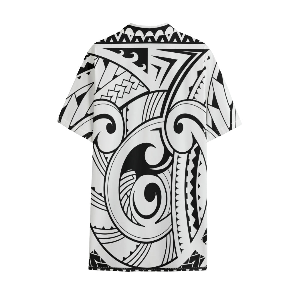 Black And White Maori Pattern Print Cotton Hawaiian Shirt