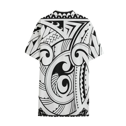 Black And White Maori Pattern Print Cotton Hawaiian Shirt