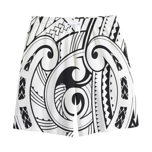 Black And White Maori Pattern Print Cotton Shorts