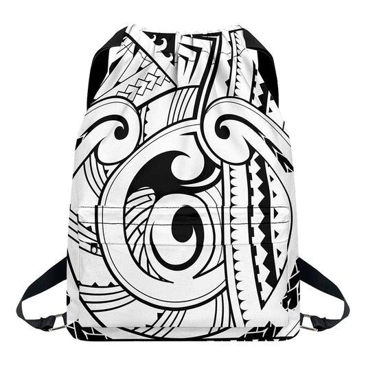 Black And White Maori Pattern Print Drawstring Backpack