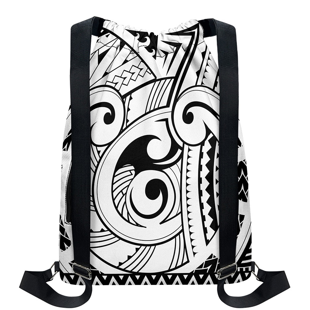 Black And White Maori Pattern Print Drawstring Backpack