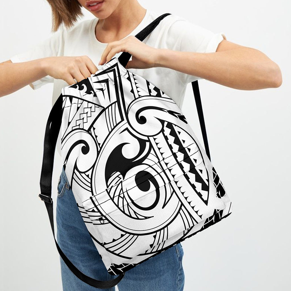 Black And White Maori Pattern Print Drawstring Backpack