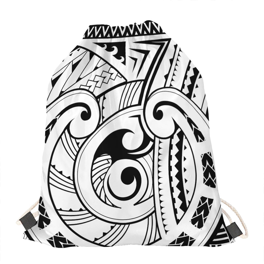 Black And White Maori Pattern Print Drawstring Bag