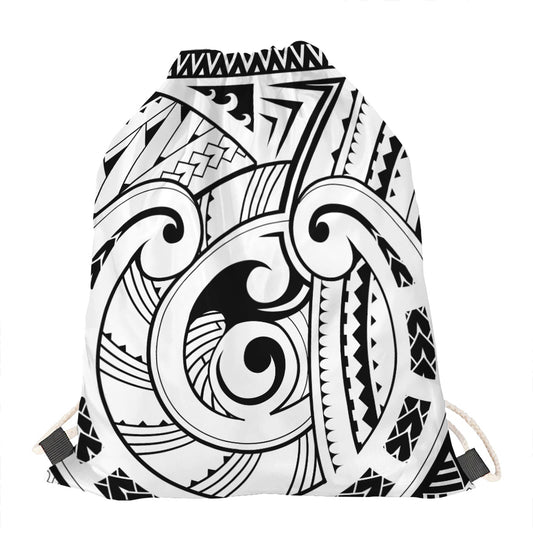 Black And White Maori Pattern Print Drawstring Bag