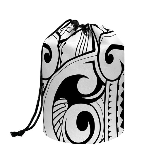 Black And White Maori Pattern Print Drawstring Makeup Bag