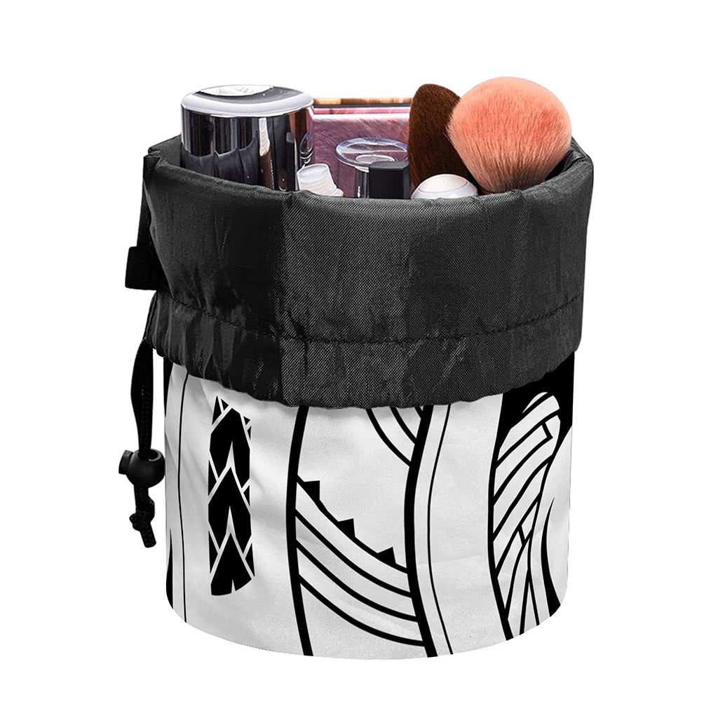 Black And White Maori Pattern Print Drawstring Makeup Bag