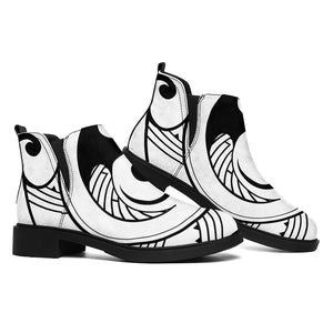 Black And White Maori Pattern Print Flat Ankle Boots