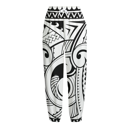 Black And White Maori Pattern Print Fleece Lined Knit Pants
