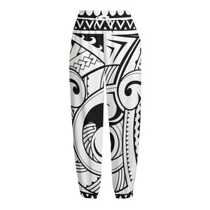 Black And White Maori Pattern Print Fleece Lined Knit Pants