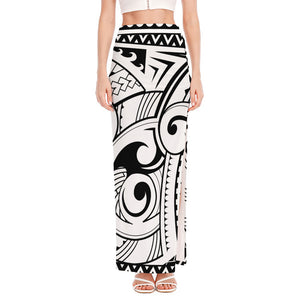 Black And White Maori Pattern Print High Slit Maxi Skirt