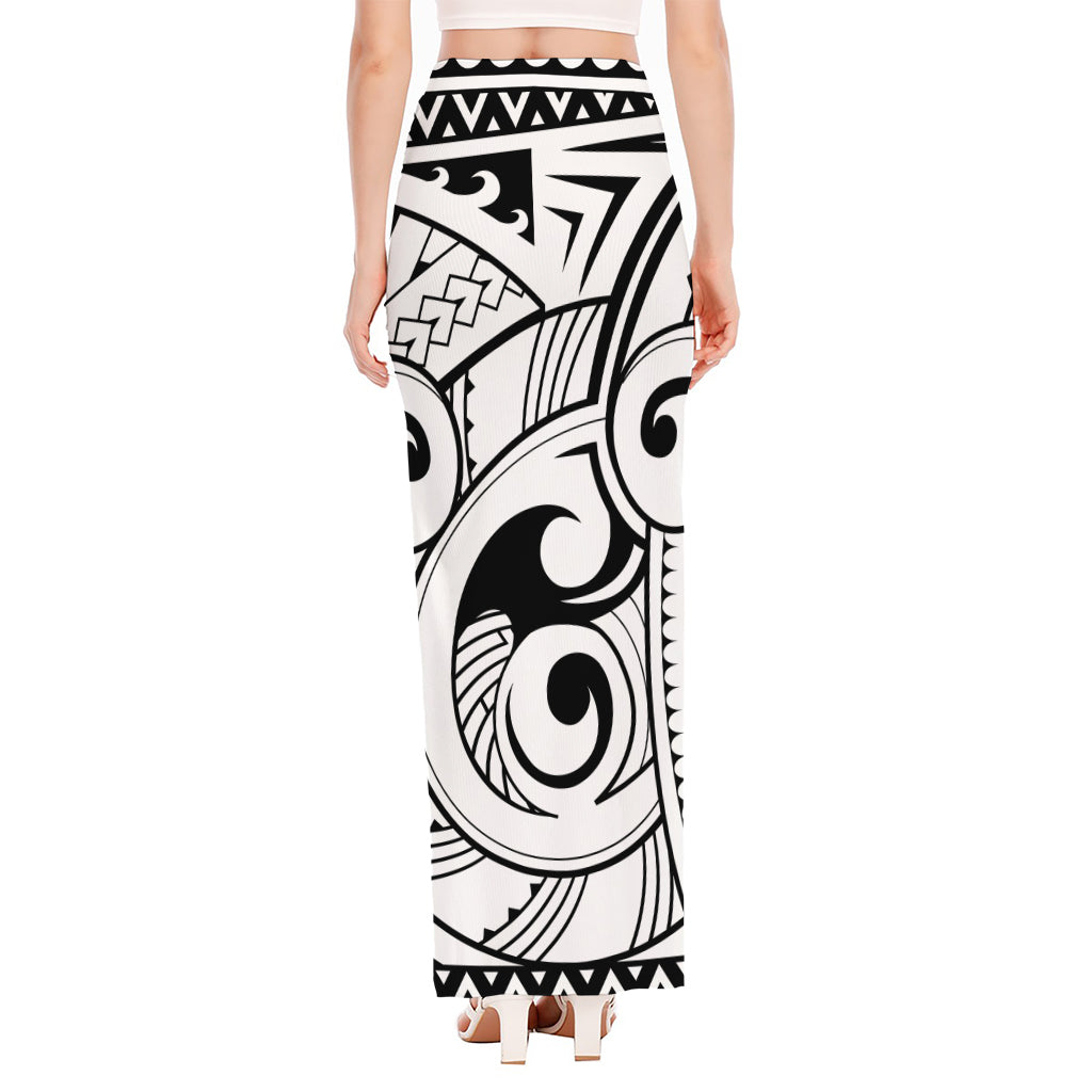 Black And White Maori Pattern Print High Slit Maxi Skirt