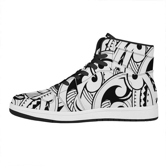 Black And White Maori Pattern Print High Top Leather Sneakers