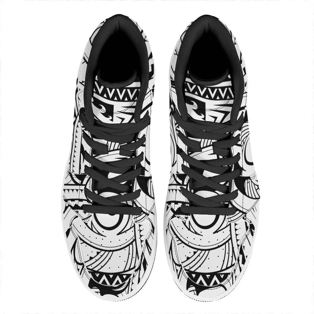 Black And White Maori Pattern Print High Top Leather Sneakers