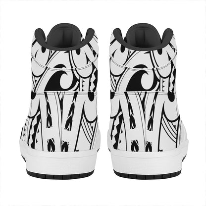 Black And White Maori Pattern Print High Top Leather Sneakers