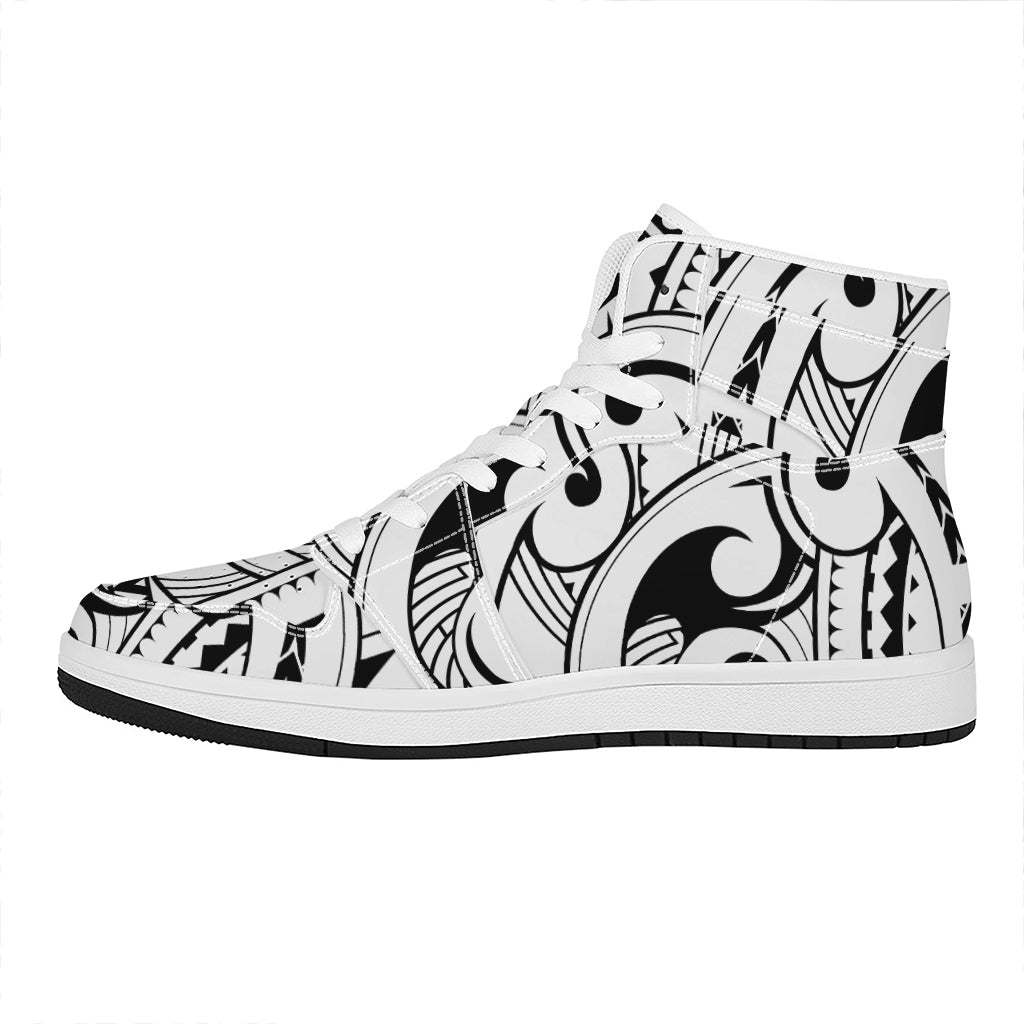 Black And White Maori Pattern Print High Top Leather Sneakers