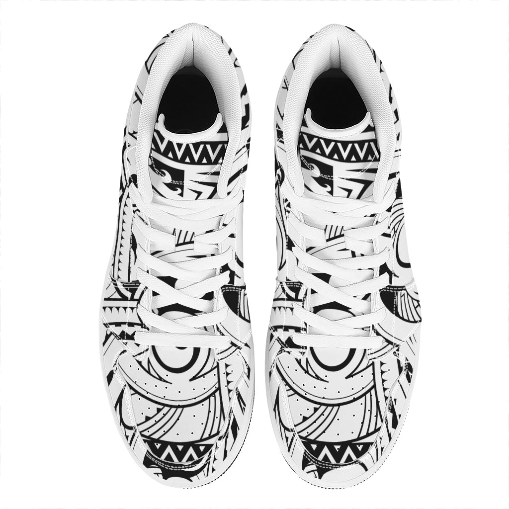 Black And White Maori Pattern Print High Top Leather Sneakers