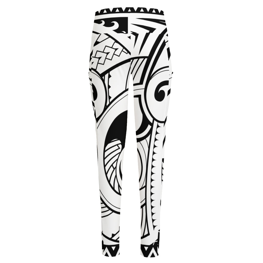 Black And White Maori Pattern Print High-Waisted Pocket Leggings