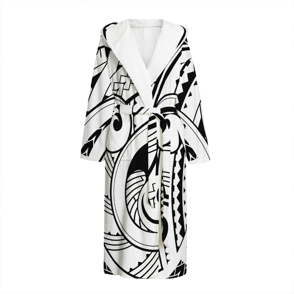 Black And White Maori Pattern Print Hooded Bathrobe