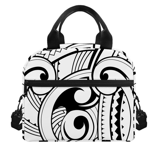 Black And White Maori Pattern Print Insulated Lunch Bag