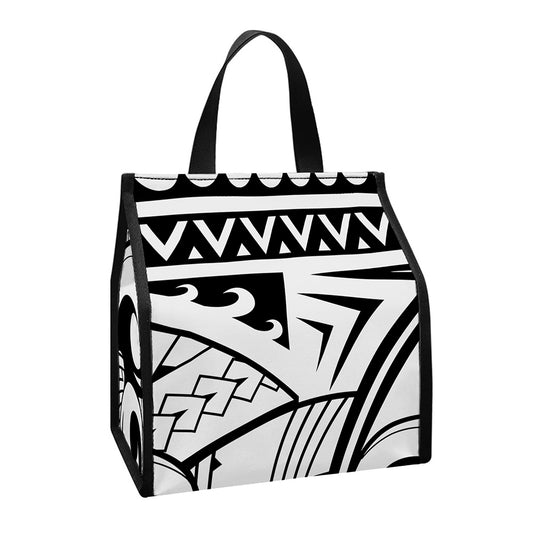 Black And White Maori Pattern Print Insulated Lunch Tote