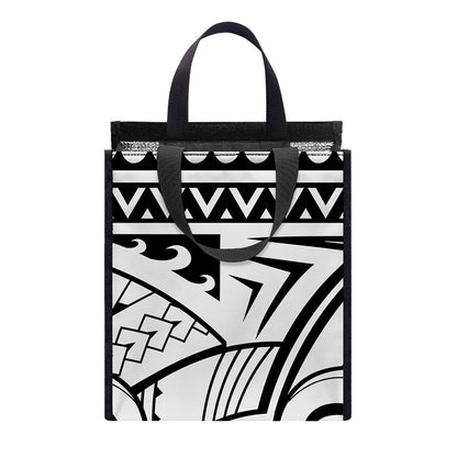 Black And White Maori Pattern Print Insulated Lunch Tote