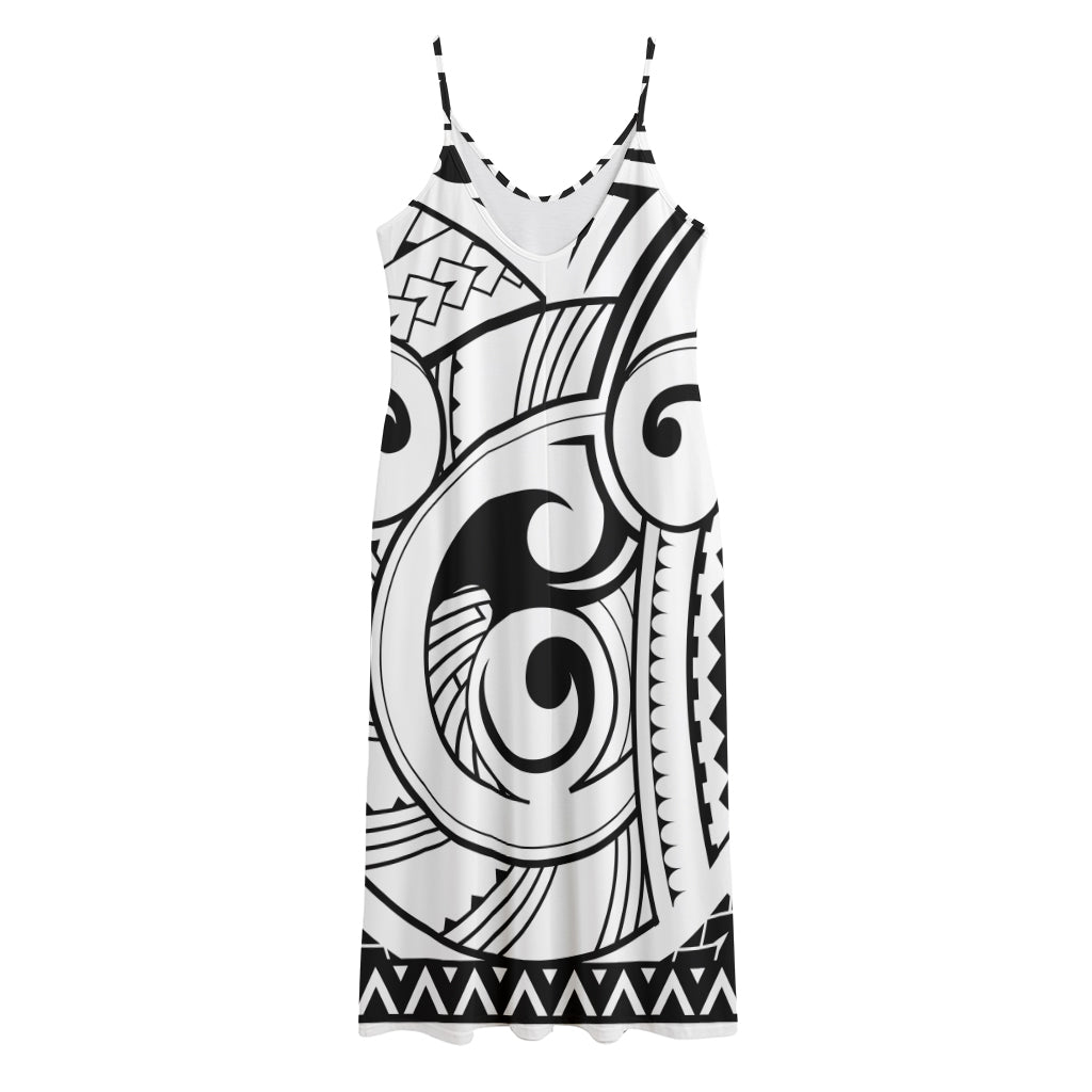 Black And White Maori Pattern Print Jersey Midi Cami Dress