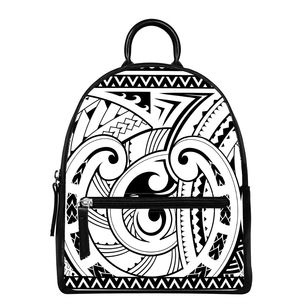 Black And White Maori Pattern Print Leather Backpack