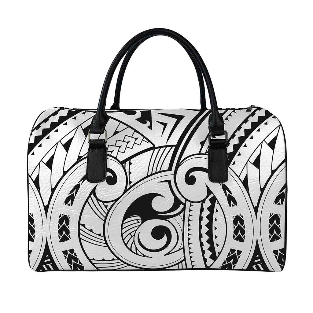 Black And White Maori Pattern Print Leather Duffle Bag