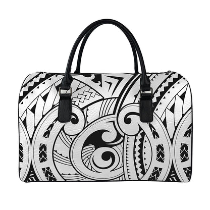 Black And White Maori Pattern Print Leather Duffle Bag